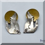 J083. Brass and sterling silver coyote howling at the moon earrings. Marked CP. - $32 